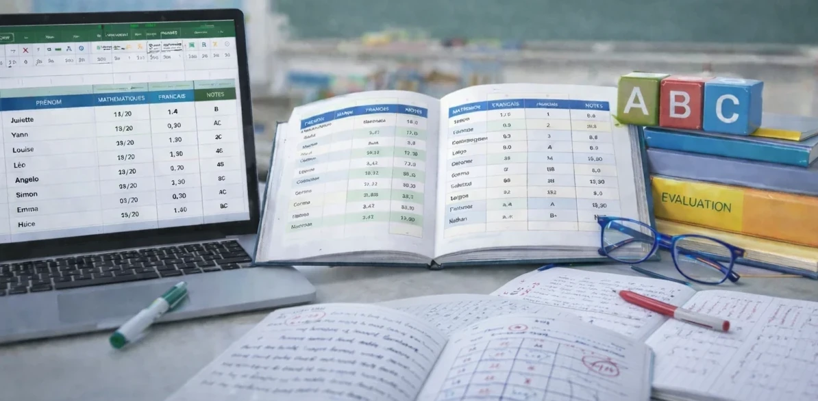 Enseignant qui consulte son carnet de notes sur ordinateur