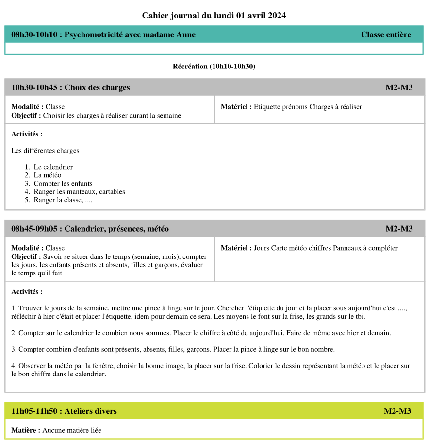 Journal de classe M2-M3 (Belgique)
