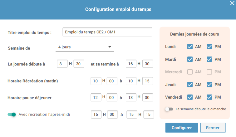 Configuration de l'emploi du temps